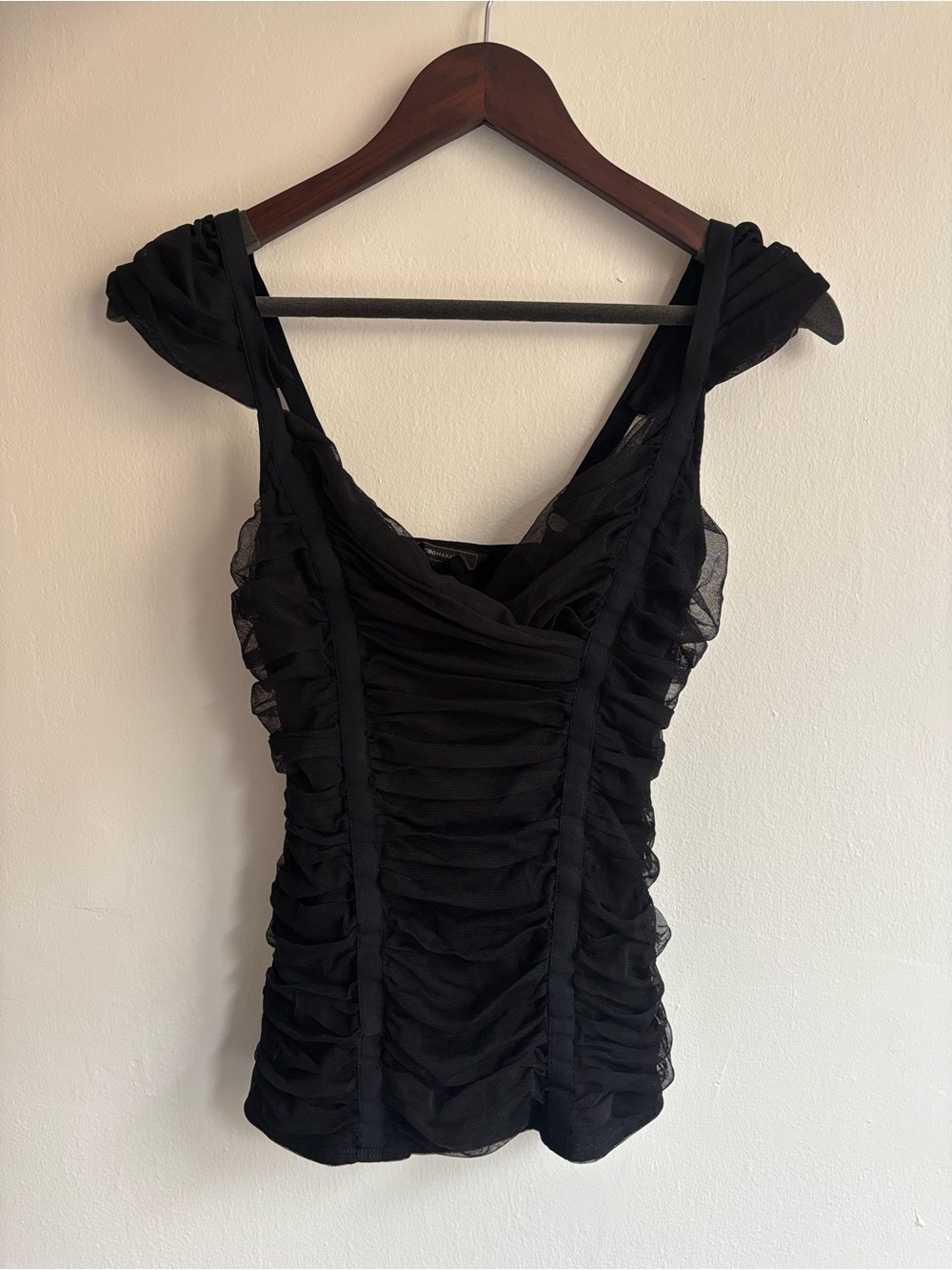 BCBGMaxAzria Black Ruched Sheer Camisole Top